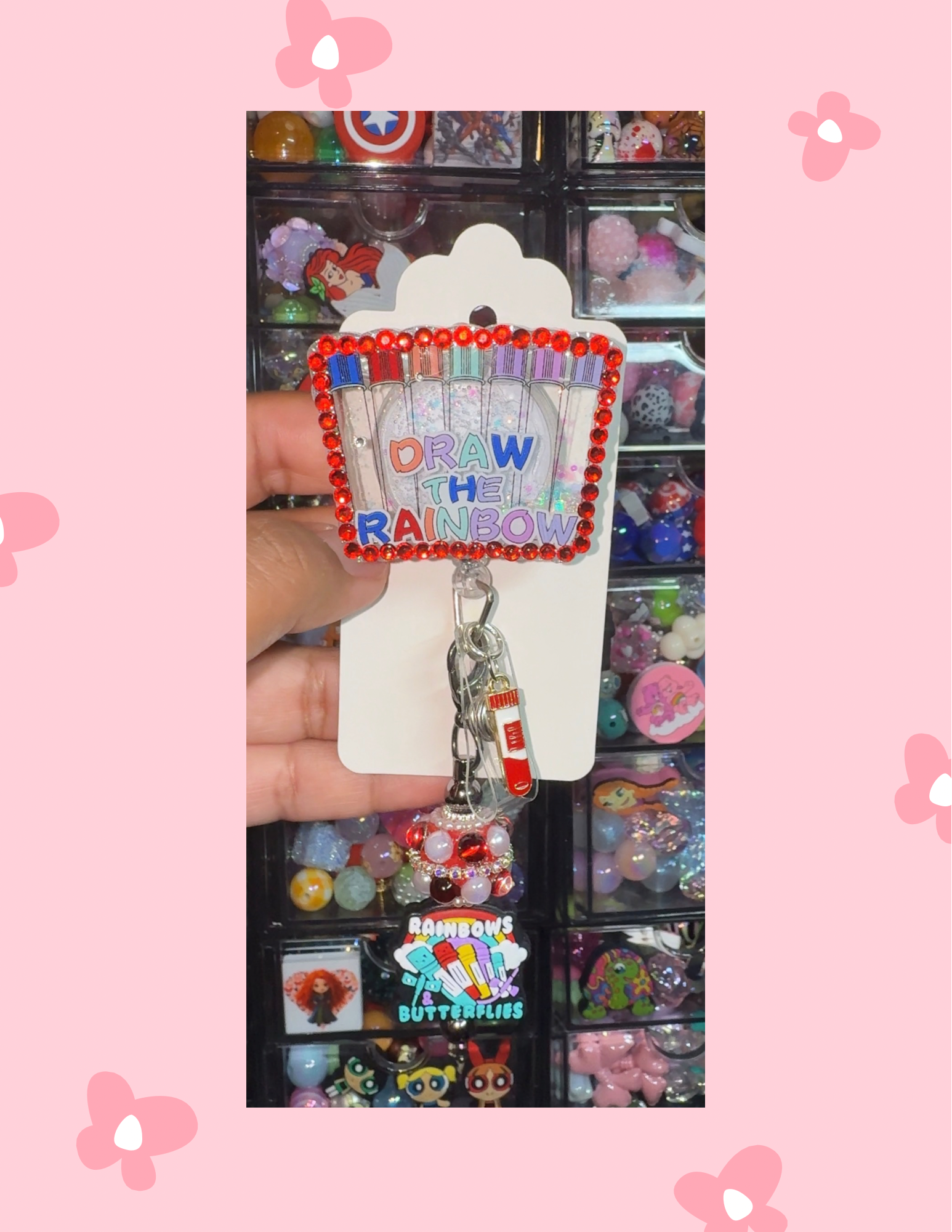 B- Badge reel: Rainbows & Butterflies shaker